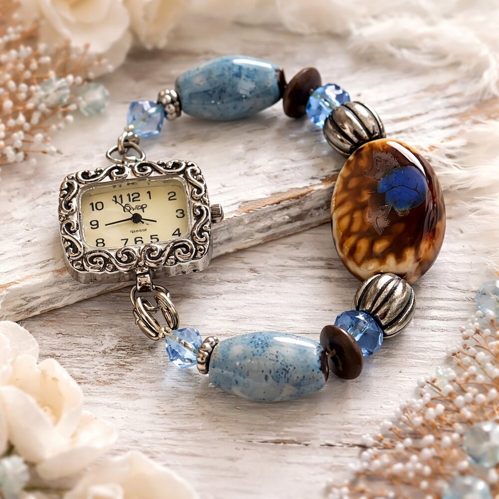 Beehive Swap Stone Bracelet Blue Beaded Stretchy Band Wristwatch